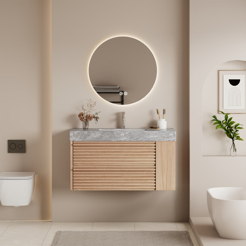 36" Modern Bathroom Vanity with Sintered Stone Table Top, 2 Drawers, Pre-Assembled Wall Mounted Bathroom Vanity, Oak