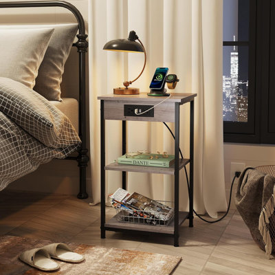 3-Tier Side Table with Charging Station & Adjustable Shelf Small Space End Table