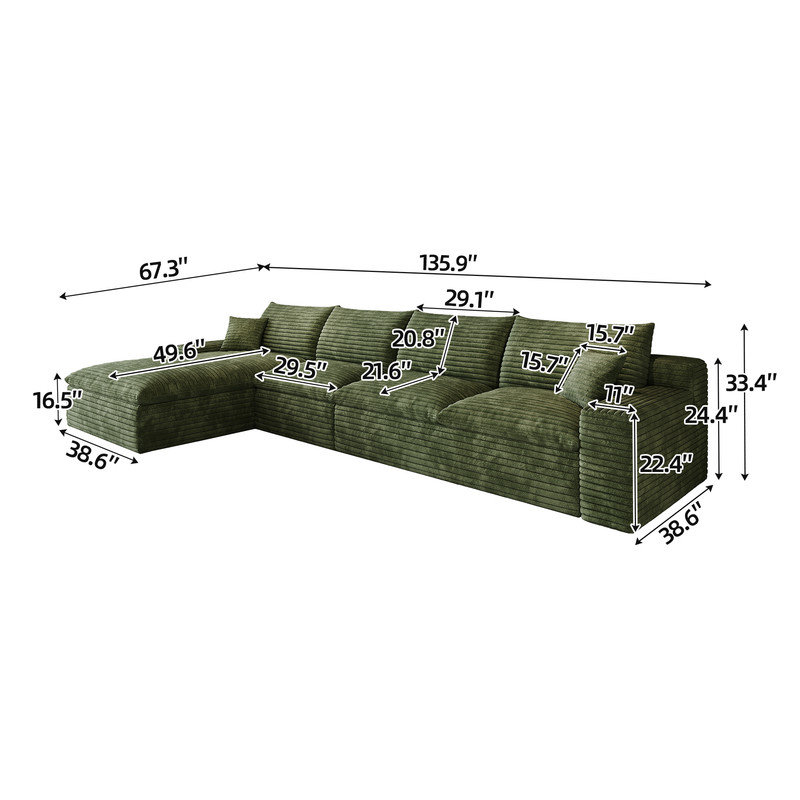 Ensemble de canapé modulaire de luxe avec bourre en plumes et tissu en velours côtelé, Velours côtelé vert