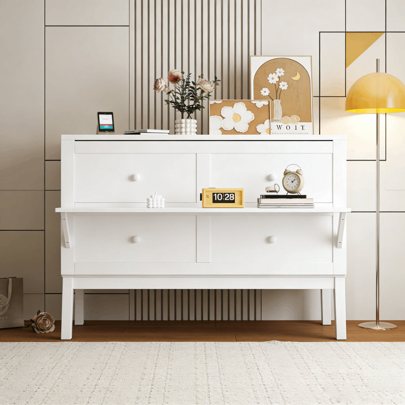 Chalen Murphy Bed Cabinet with movable Shelves and Outlets, Full, White