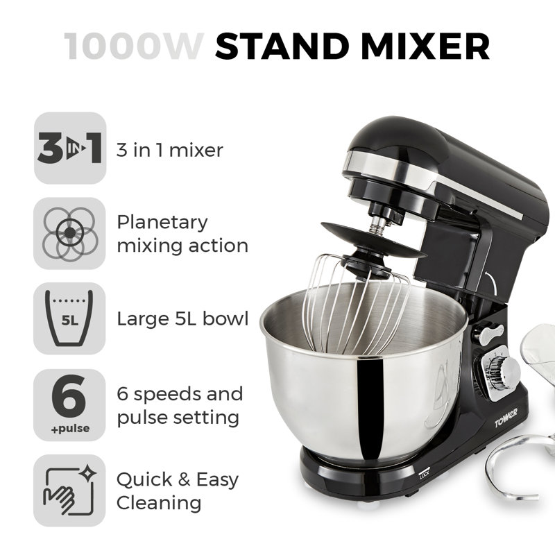 Tower 3-in-1 Stand Mixer with 6 Speeds and Pulse Setting, 1000 W