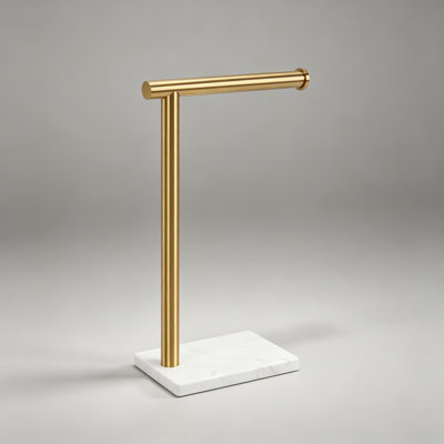 Porte-serviettes sur pied en forme de L pour salle de bain, avec base en marbre massif, en acier inoxydable 304 doré brossé, idéal pour lavabo de cuisine ou de salle de bain.