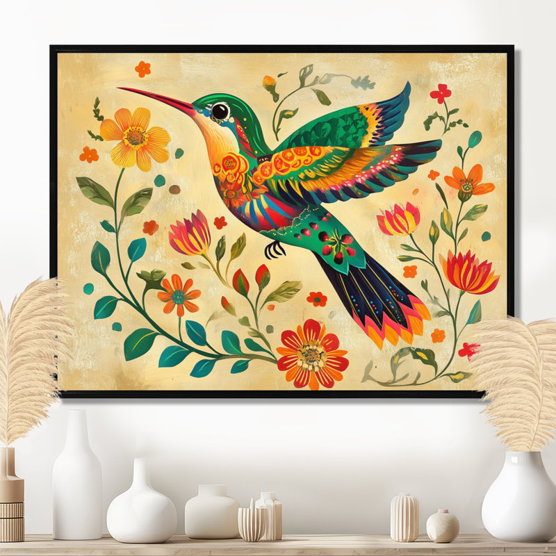Colibri de mexicain II, art floral sur toile beige, 12" H x 20" W, Black Floater Framed