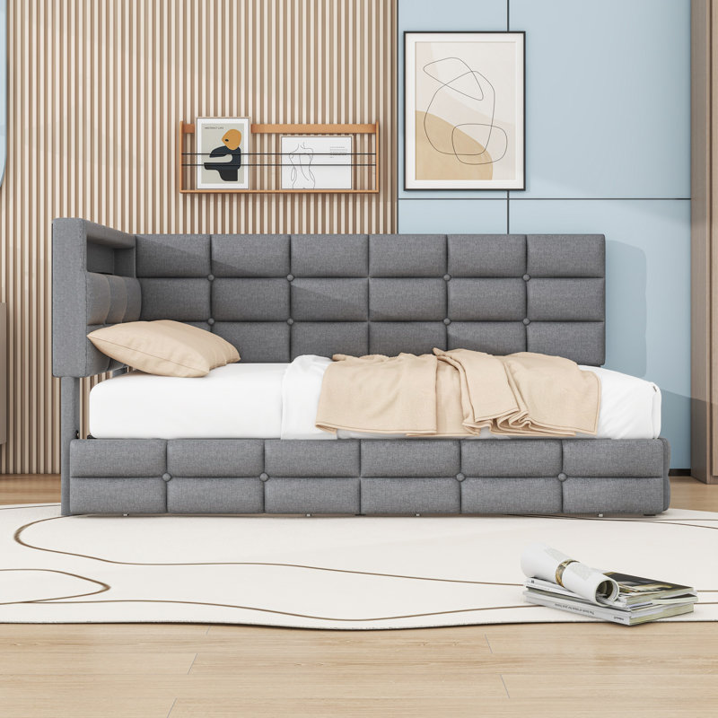 Twin 2 Drawers Upholstered Daybed with Charging Station and Lights, Gray