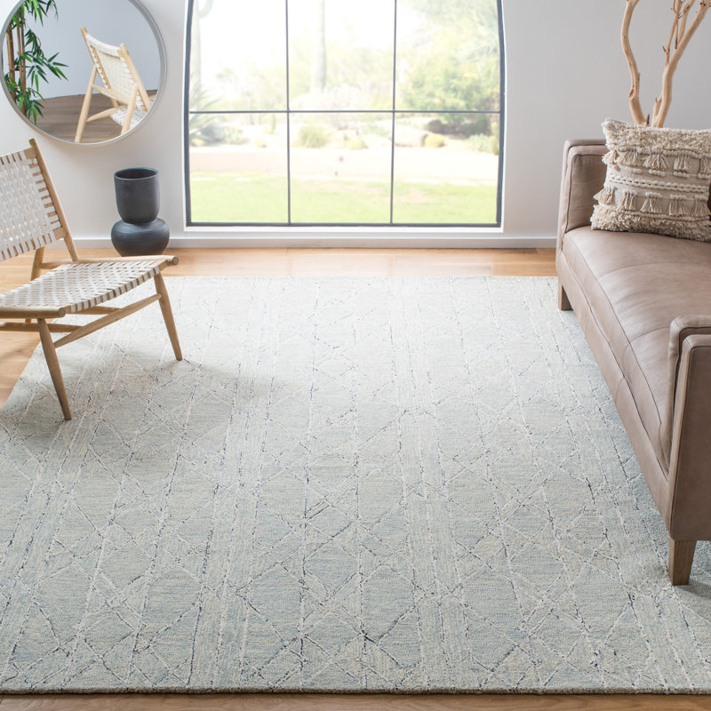 Dam Hand Tufted Wool/Cotton Geometric Rug in Ivory/Light Blue, Rectangle 4' x 6'