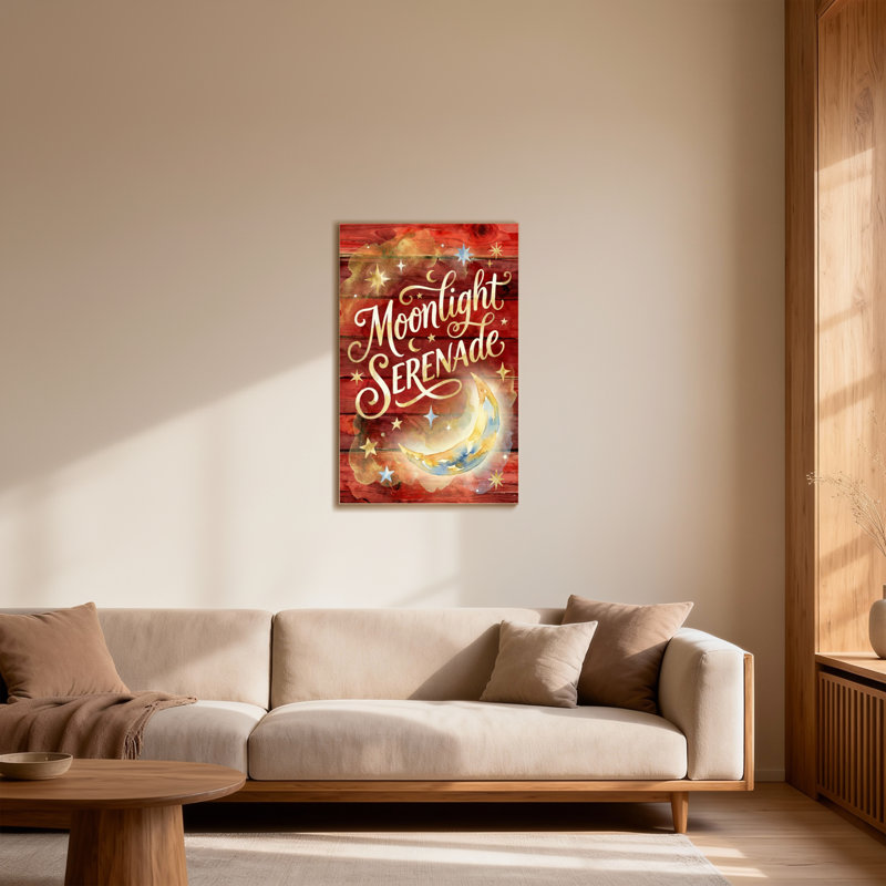 Saint-Valentin, clair de lune, sérénade, fond en bois, étoiles, croissant de lune, H 48 po x l 32 po