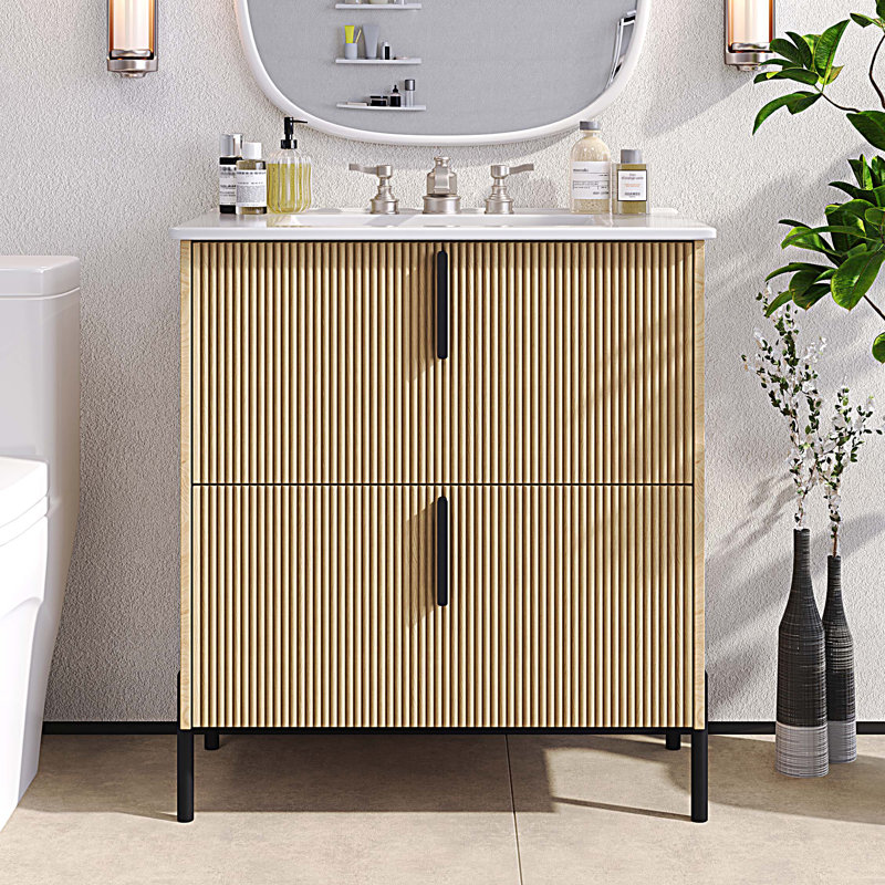 Meuble-lavabo 30 po avec lavabo en céramique et tiroirs pleine extension, Naturel