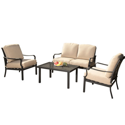 4 Pcs Outdoor Patio Dining - Metal Construction And Soft Beige Cushions With Removable For Lawn Garden