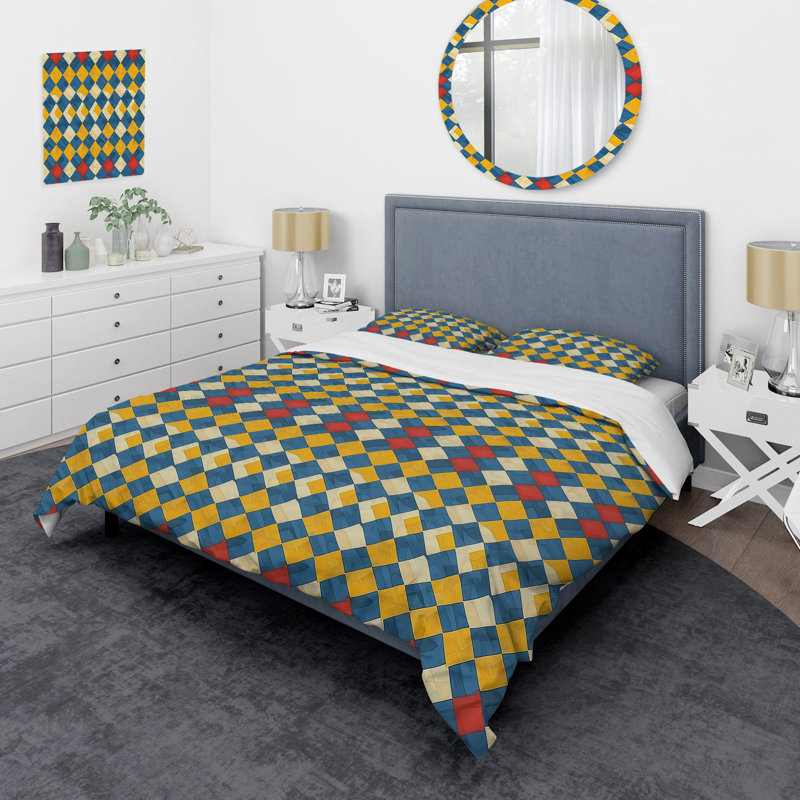 Ensemble de housse de couette moderne bleu et jaune Modern Houndstooth III, Housse de couette simple et deux taies décorative
