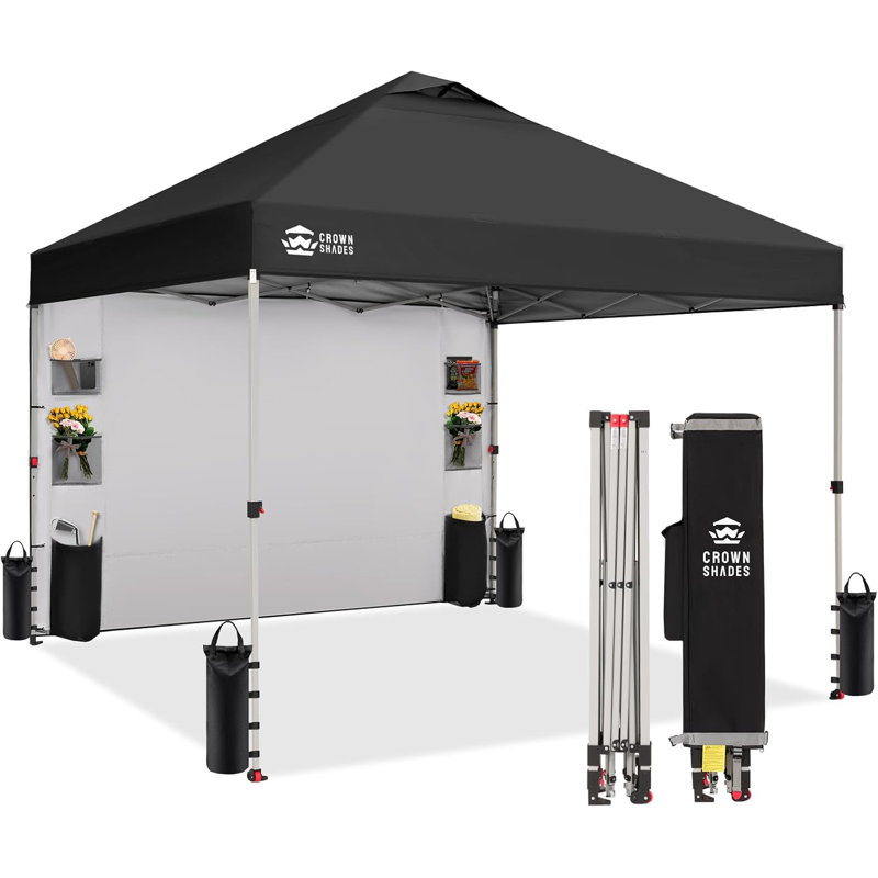 CROWN SHADES 10 Ft. W x 10 Ft. D Steel Pop-Up Canopy with Center Lock, Storage Pocket Sidewall, and Carry Bag, Black, Black