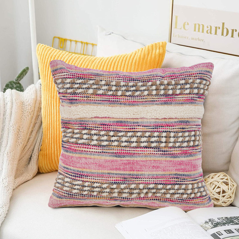 Pink Embroidered Cotton Bohemian Square Throw Pillow