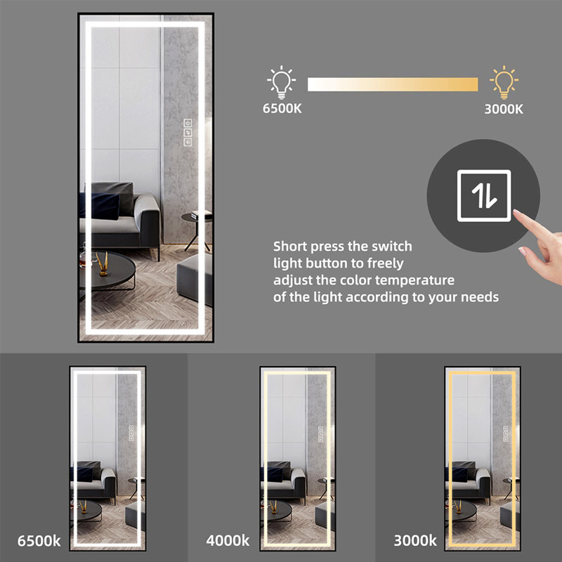 65"x24" LED Full Length Mirror with 3 Color Dimmable Lights Frameless Explosion-Proof Wall & Floor Standing