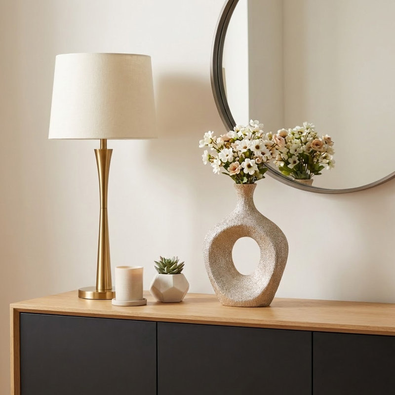 Modern Oval Ceramic Table Vase Cut-Out Design For Home Decor - Modern Sculptural Tall Flower Vase For Dining Or Office Centerpiece Display - Champagne