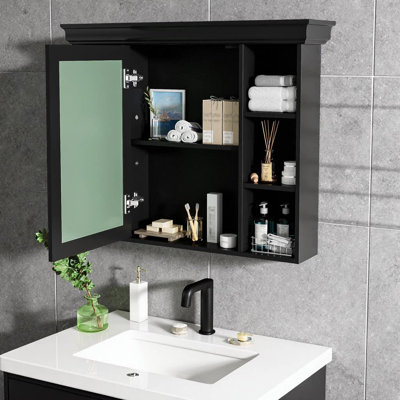 Pharmacie murale 35 "x 28" avec porte miroir blanche | Armoire de rangement de luxe pour salle de bain avec 6 tablettes ouvertes et tablettes réglables | Armoire à miroir avec barre à serviettes