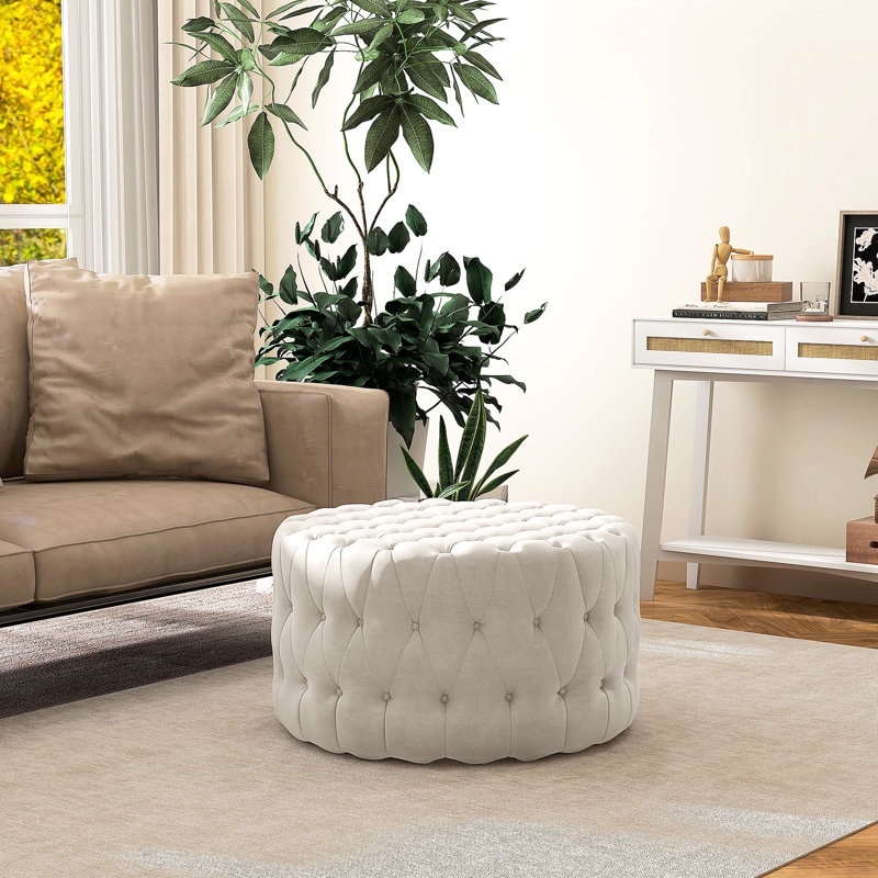 31.5" Round Ottoman, Large Velvet-Feel Upholstered Foot Stool With Button Tufted Design And Padded Seat For Living Room, Entryway, Beige