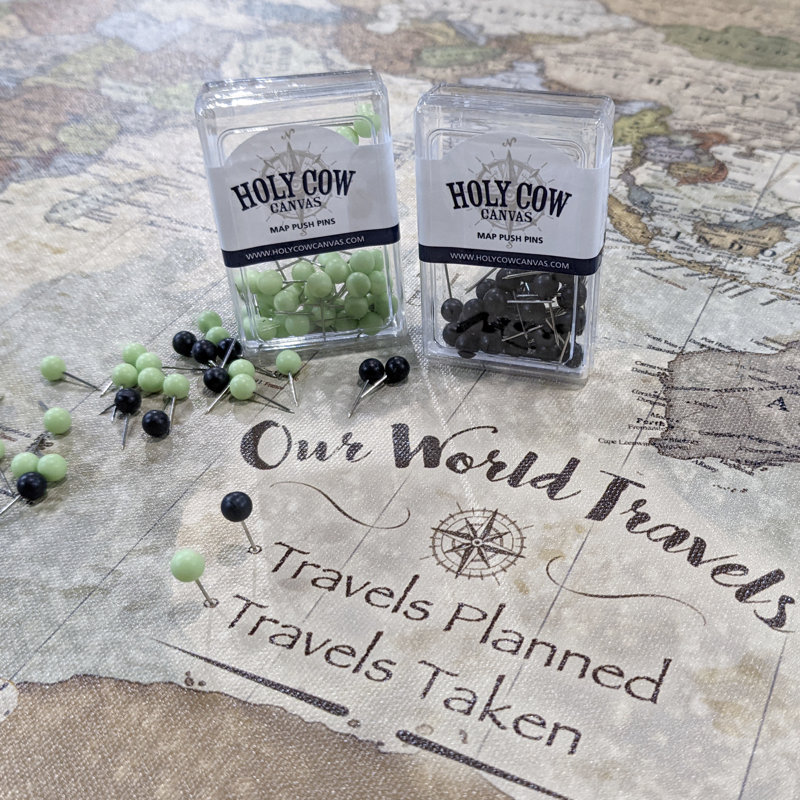 Personalized Push Pin World Travel Map on Canvas - 3 Panel, 40" H x 64" W, Yes