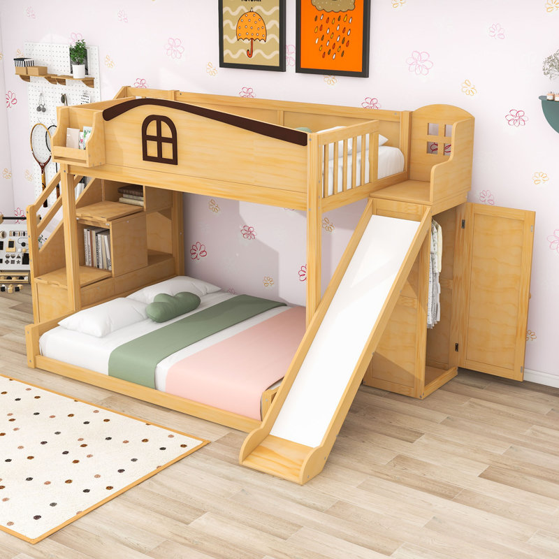 Lit superposé simple au-dessus de double avec glissade, escalier de rangement et garde-robe, Espresso naturel