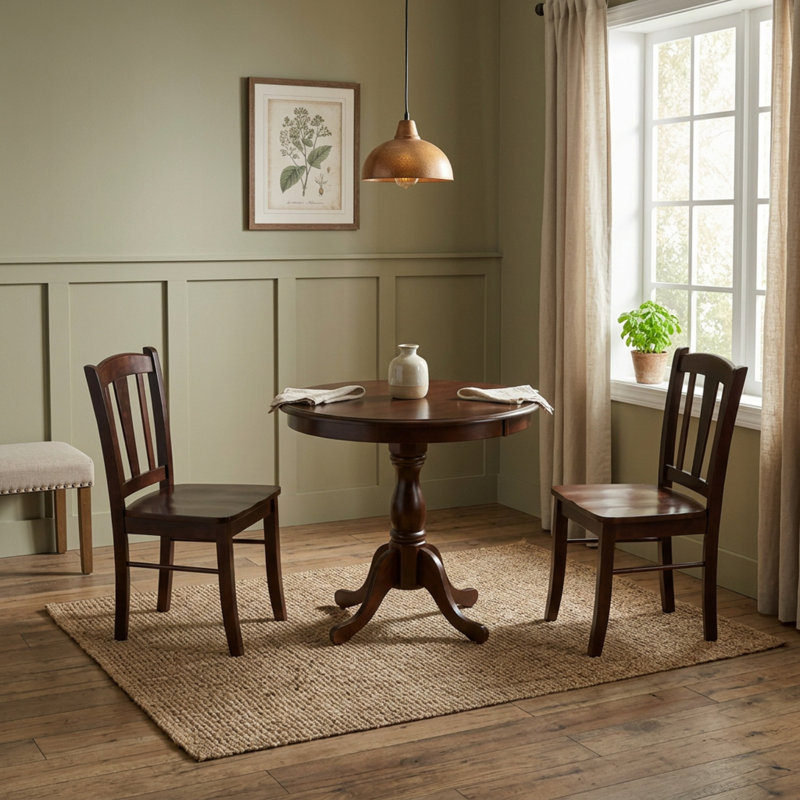 Ensemble de salle à manger 3 pièces en bois massif d'acajou d'inspiration asiatique, chaises rondes à dossier à lattes, pieds sur piédestal, style moderne pour petits espaces