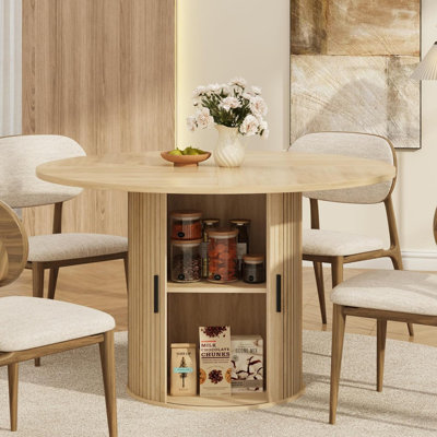 47" Round Dining Table for 4 with 2-Tier Storage Shelf & Wood Slide Door, Space-Saving Kitchen Table for Dining Room, Living Room