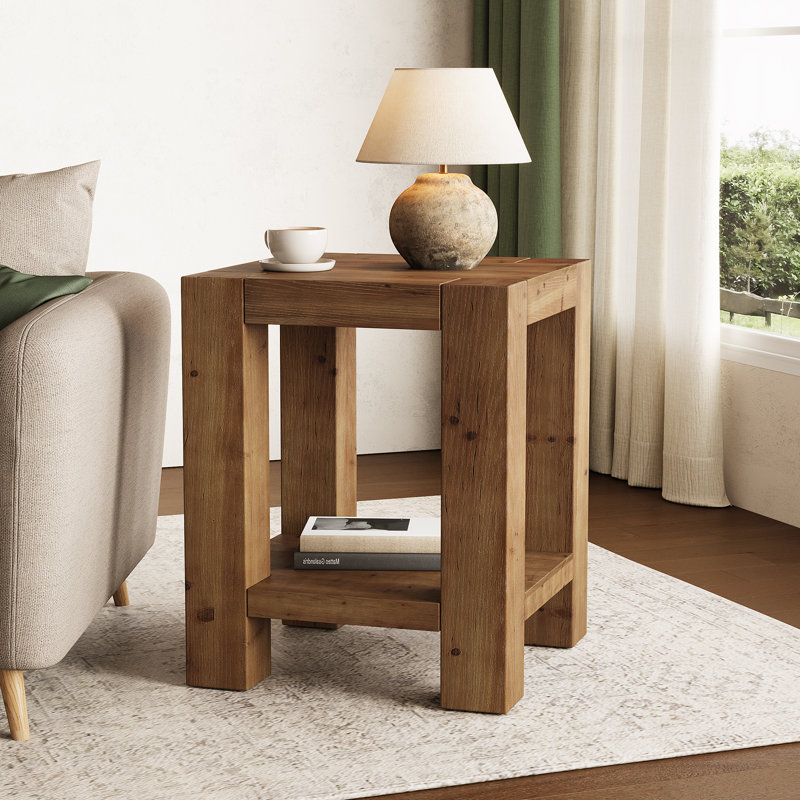 19.7" Solid Wood End Table with 2-Tier Storage Space