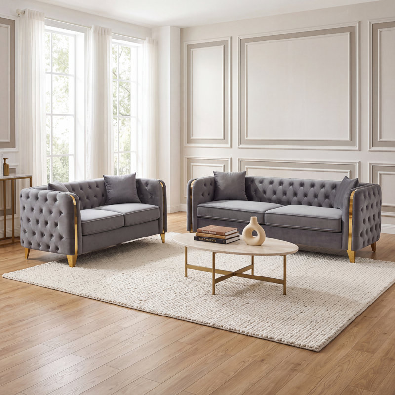 Ensemble de canapé de salon 2 pièces en velours avec accoudoirs et têtes de clou, Gris