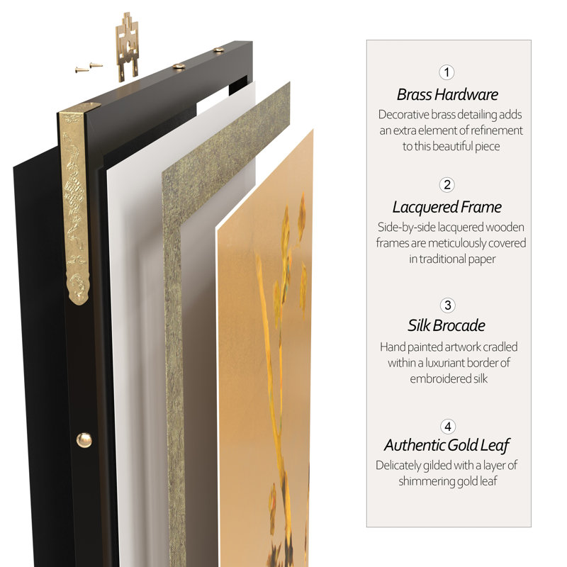 36" x 72" Gold Leaf Blossom 4 Panel Room Divider, 36" H x 72" W