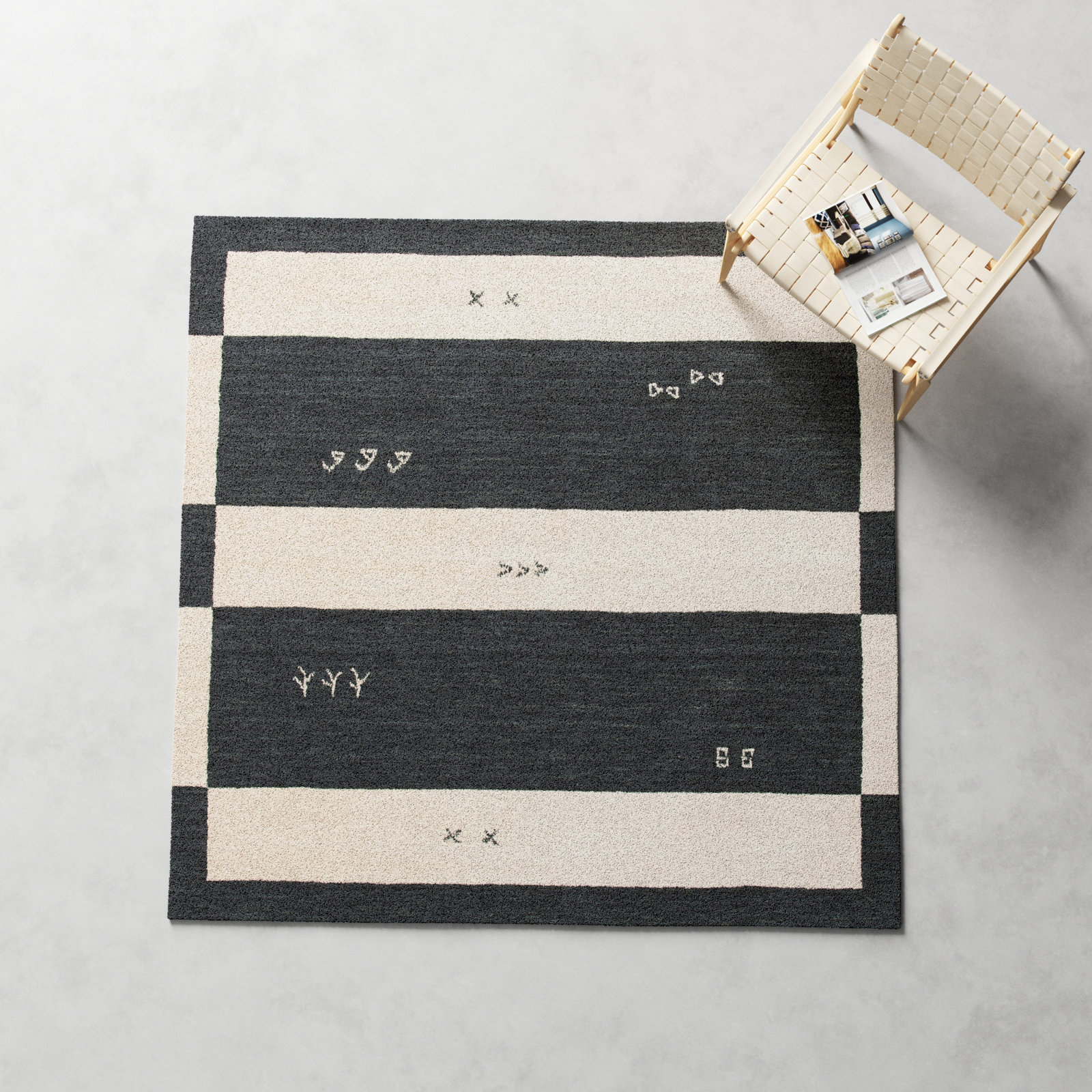 Santiago Cream Black Handmade Wool Geometric Rug, Square 6'