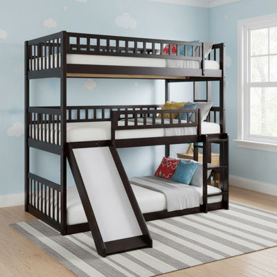 Solid Wood Full Over Full Over Full Triple Bed with Built-in Ladder and Slide, Triple Bunk Bed with Guardrails for Bedroom