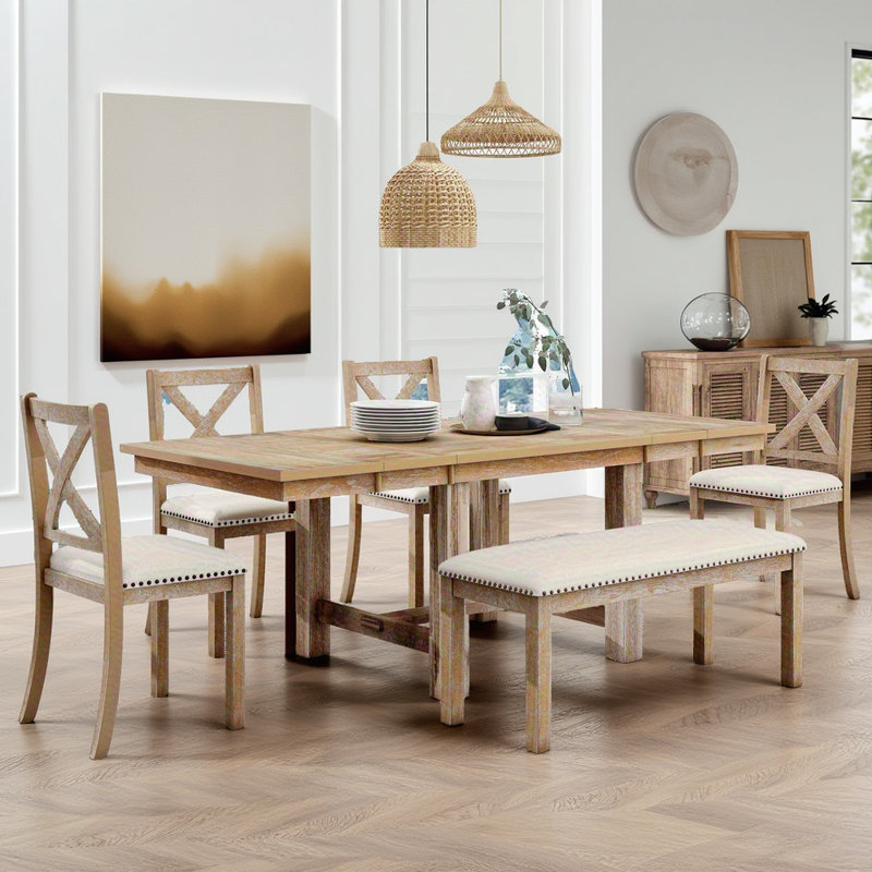 Ensemble de table de salle à manger extensible de 82 pouces avec 4 chaises rembourrées, banc et repose-pieds, table à tréteaux en bois d'acacia massif pour 6 personnes