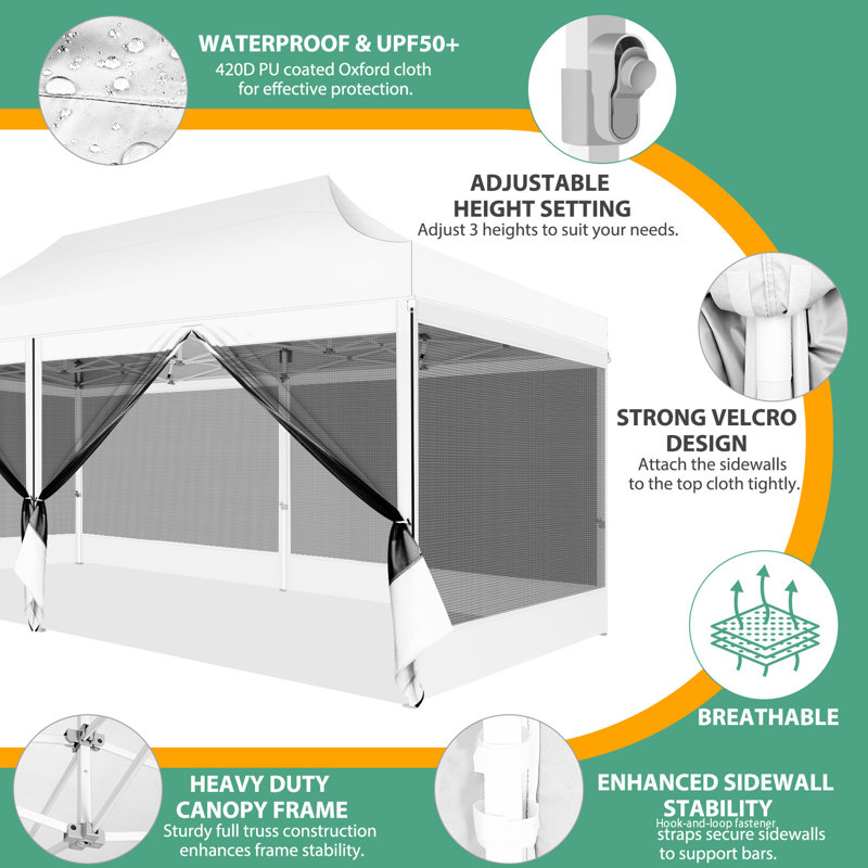10'x20' Heavy Duty Canopy Tent, Pop up Gazebo with Netting Screened, White