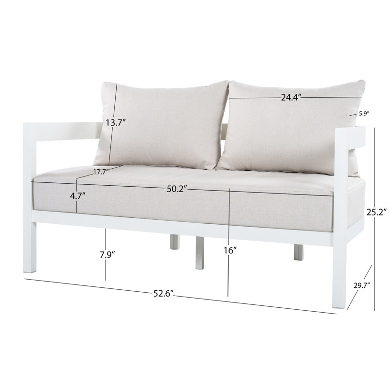 Ensemble de conversation moderne courbé en aluminium 4 pièces, 2 chaises simples + causeuse + table basse ovale en verre, cadre blanc avec coussins résistants aux intempéries, idéal pour la cour, la terrasse et la piscine