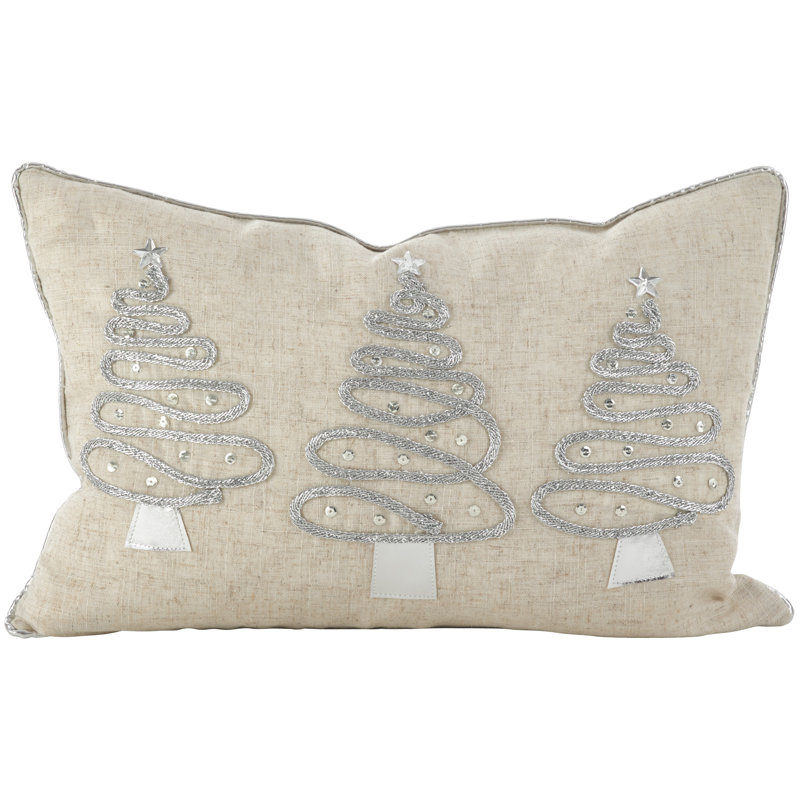 Beige and Silver Christmas Tree Lumbar Throw Pillow