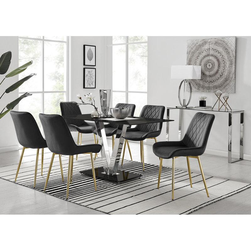 Ransart Modern Luxury Glass & Metal Dining Table Set With 6 Luxury Velvet Dining Chairs, Black, Black/Gold, Black/Silver