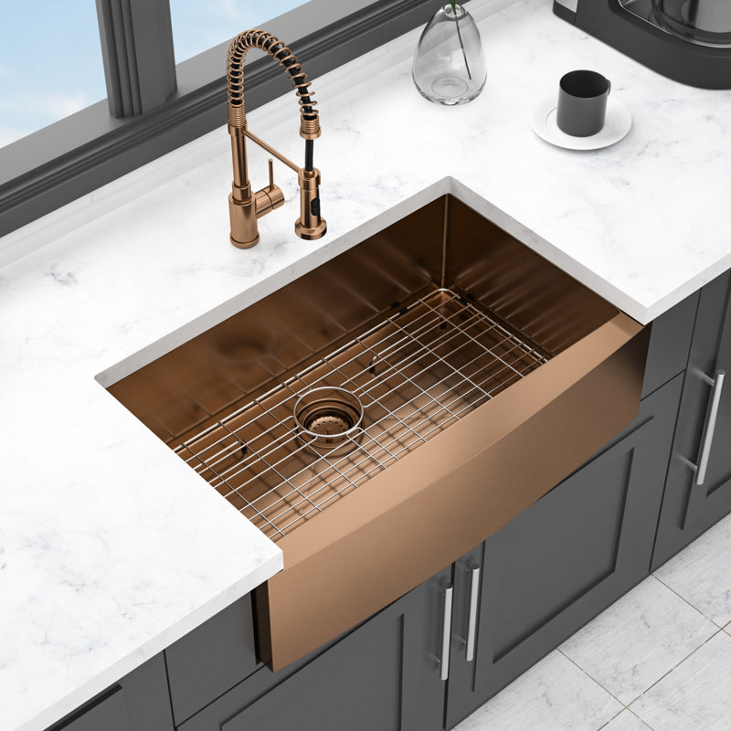 Évier en or rose 33 * 21 * 10 pouces, acier inoxydable T304 de calibre 16, surface oléofuge, insonorisant, livré avec matériel de cuisine à pinces, empreinte digitale, drain lisse, ensemble de drain