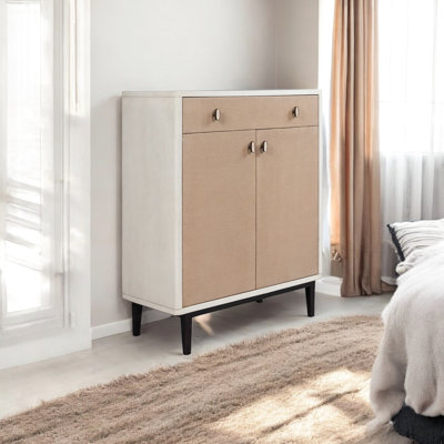 Armoire de rangement blanche + pacane, 15,92 po Largeur, armoire pratique et pratique avec charnières européennes à fermeture en douceur et glissières de tiroir