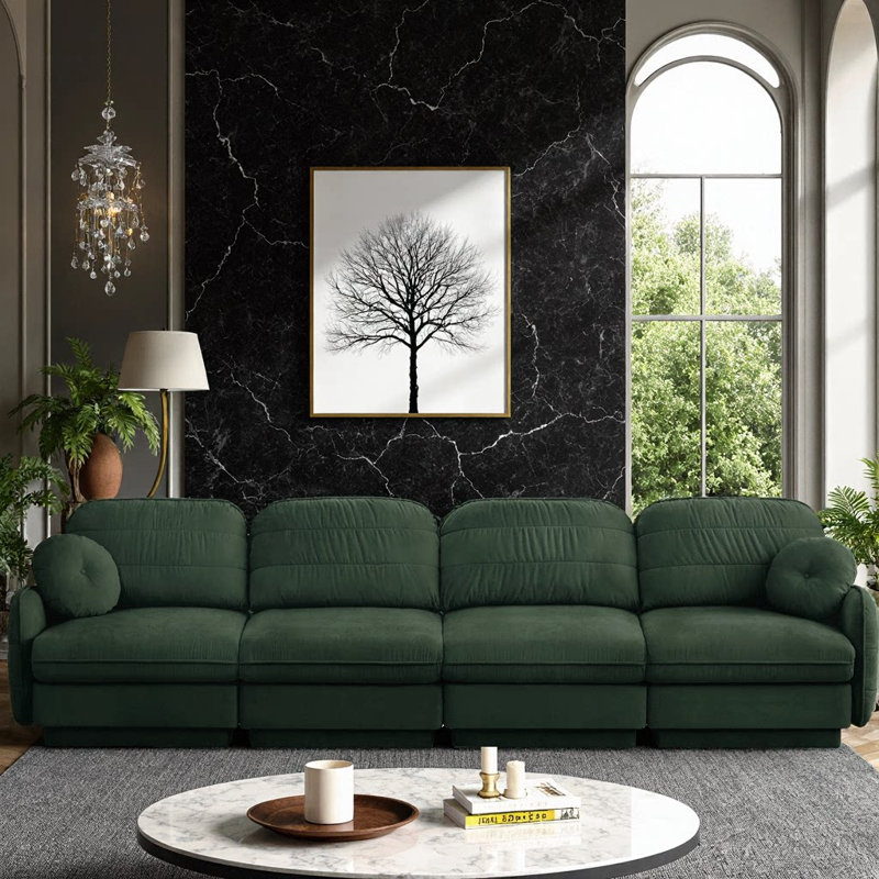Canapé 137 pouces à 4 places avec coussins ronds et coussins de dossier matelassés 137 po, H 37,4 po x l 137 po x P 33,4 po
