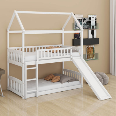 Lit superposé avec glissade pour enfants House, lits superposés simples au-dessus d'un lit simple avec glissade en bois, lits superposés au sol pour filles, garçons