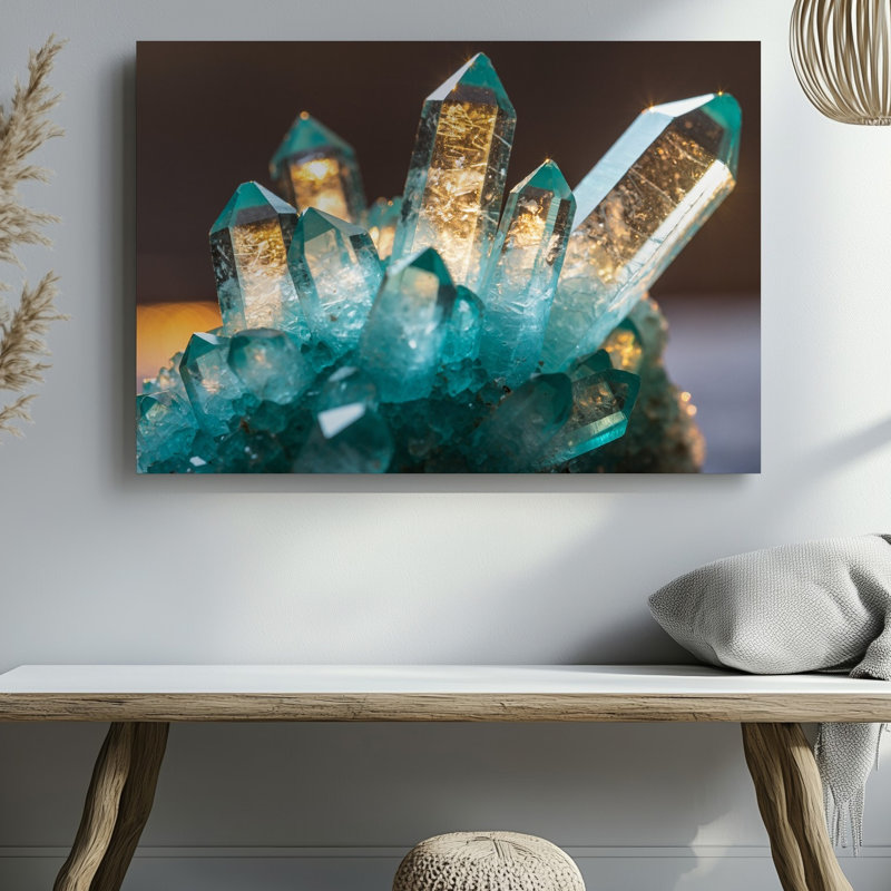 Toile, gros plan, grappe de cristaux muraux translucides chatoyants dans des tons de turquoise et de bleu avec art mural sur toile