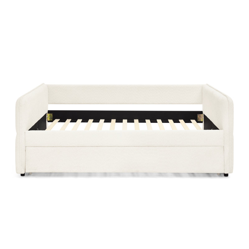Lit de jour rembourré pleine grandeur avec couchette en tissu bouclé beige 83 po x 58,5 po x 29,5 po à rayures verticales sur les dossiers Fonctionnel pour plus de sommeil Siège en mousse confortable et élégant