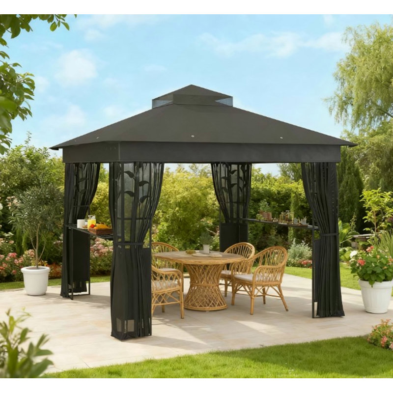 Pavillon de jardin à double toit, pavillon d'extérieur avec tablettes et filets, pour pelouse, cour et terrasse