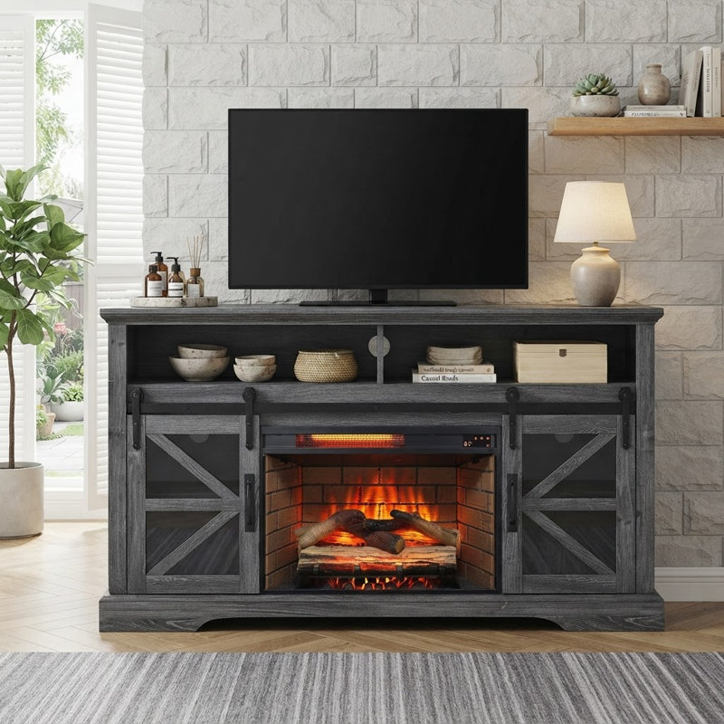 Centre de divertissement avec foyer électrique 60 pouces avec porte - rustique foncé, Chêne foncé