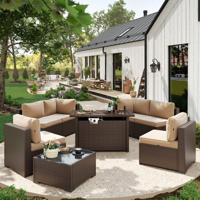 6 - Person Patio Conversation Sets with Beige Cushions, Coffee Table and 44" Fire Pit Table