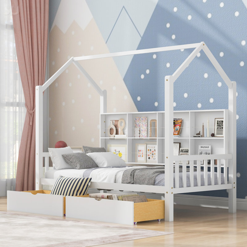 Lit simple en bois avec 2 tiroirs, lit pour enfant avec tablette de rangement, blanc, lit