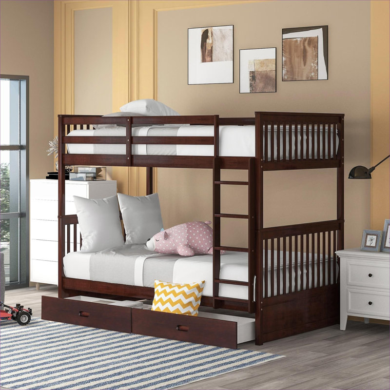 Space-Saving Twin Over Twin Solid Wood Bunk Bed Warm Brown With Side Ladder And Two Under-Bed Storage Drawers, Twin, Brown