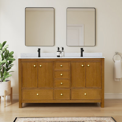 Oakmere 60'' Fully Assembled Dark Wood Grain Rubberwood & Plywood Double-Sink Bathroom Vanity with Engineered Marble Top
