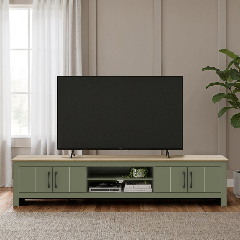Limestone Extra Wide 4 Door TV Unit with Open Shelves, Kale Green