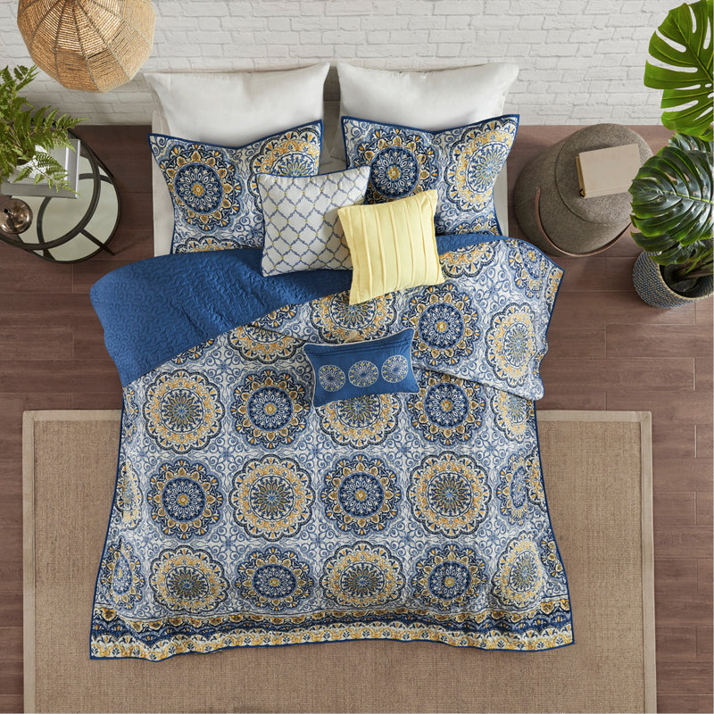 Ensemble de courtepointe réversible 6 pièces avec coussins Blue King / Cal King