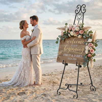 Vintage Scrollwork Metal Easel Stand, Adjustable Floor Tripod Display for Wedding Signs Posters Artwork, Black, 17.3 x 25.6 x 56.3 Inch
