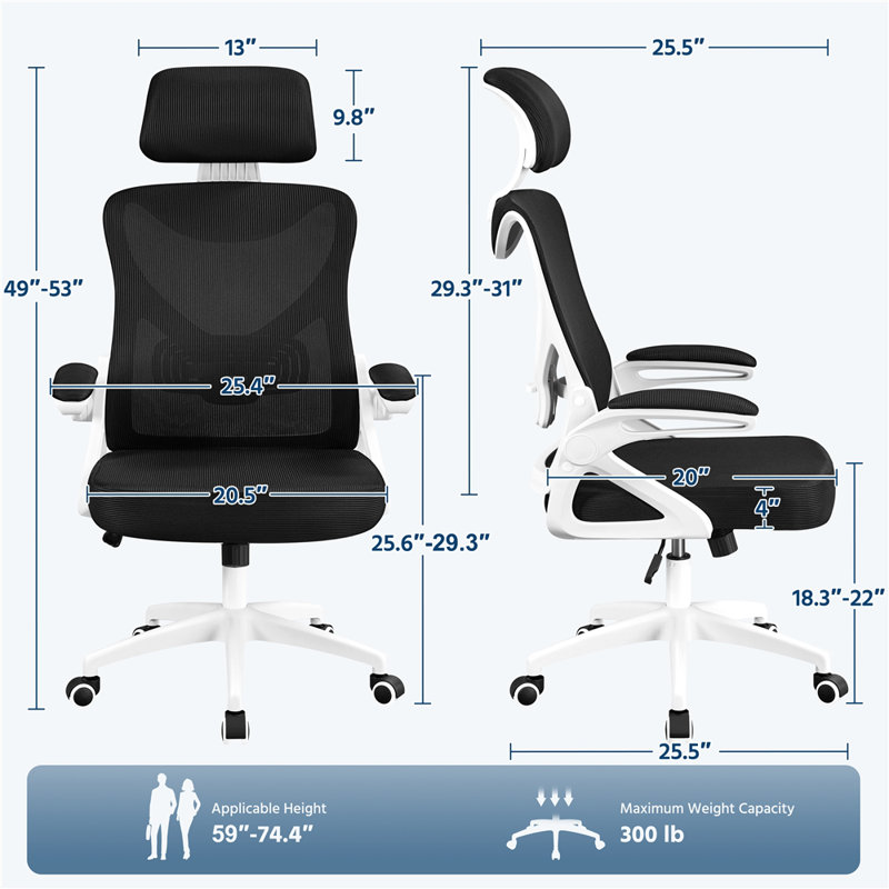 Joyti Ergonomic Task Chair with Headrest and Flip-up Armrest Lumbar, Black, White