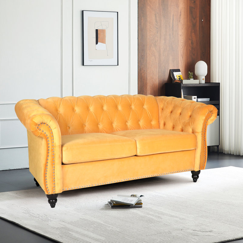 Johnette 62'' Velvet Rolled Arms Chesterfield Sofa, Yellow Velvet